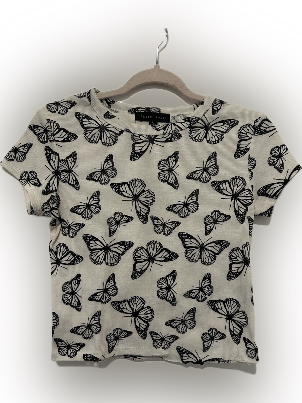 Woven Rose Cream Short Sleeve Butterfly Tee